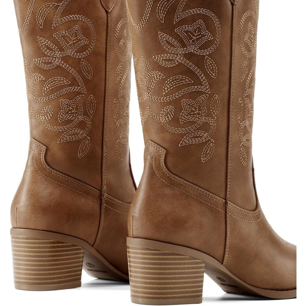 Dream Pairs Women's Tan Cowgirl Western Boot Fashion Embroidery Mid Calf Boots - Picture 5 of 6